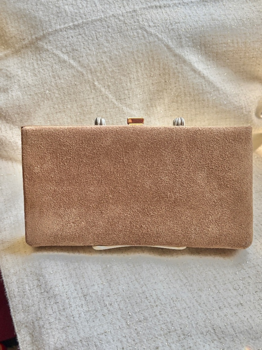Vintage 1960s Shirl Miller Beige Suede Box Clutch Royal Princess Kate Evening Ba
